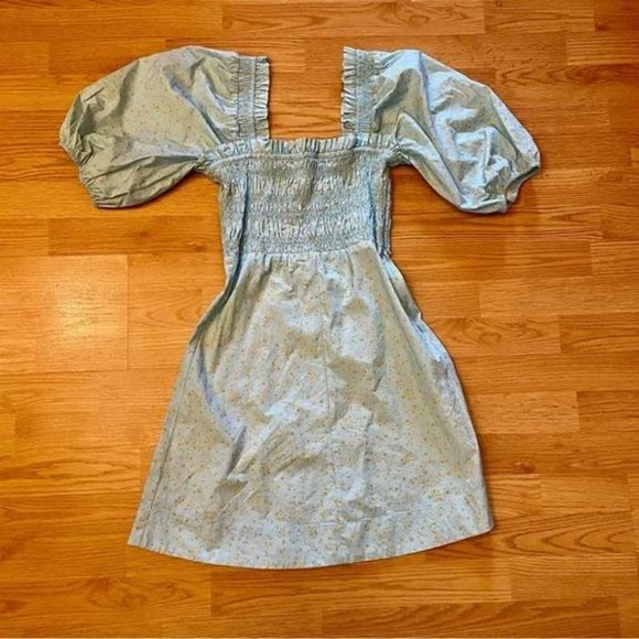 Ganni Smocked Corydalis Blue Printed Cotton Poplin Mini Dress - Picture 4 of 6